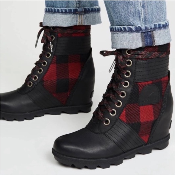Sorel Lexie Leather Plaid Wedge Boot. - Picture 2 of 12